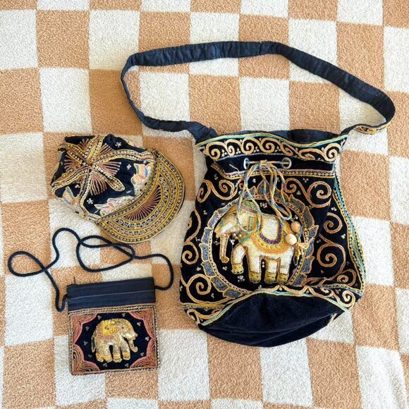 HANDMADE INDIAN BEJEWELED HAT PURSE TOTE SET BLACK GOLD MULTICOLOR - Picture 1 of 8